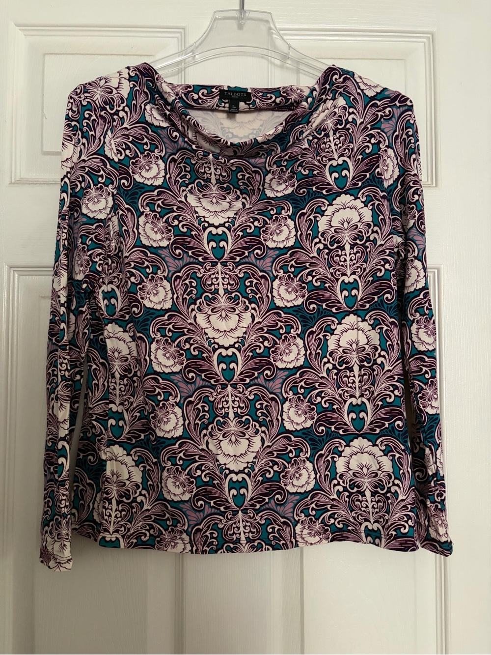 Talbots Teal and Purple Floral Scroll Long-Sleeve Top
